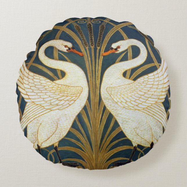Walter Crane - Swan, Rush And Iris Art Nouveau Round Cushion (Front)