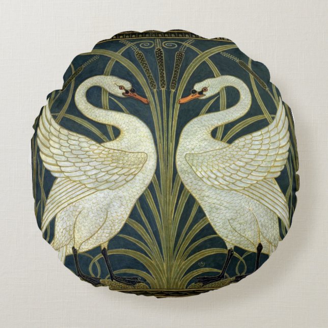 Walter Crane Swan & Rush and Iris Victorian  Round Cushion (Front)