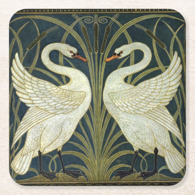 Walter Crane Swan & Rush and Iris Victorian  Square Paper Coaster (Front)