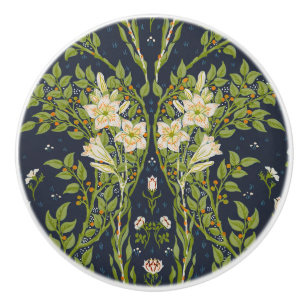 Walter Crane Vintage Navy White Lily Pattern Ceramic Knob