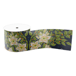 Walter Crane Vintage Navy White Lily Pattern Grosgrain Ribbon