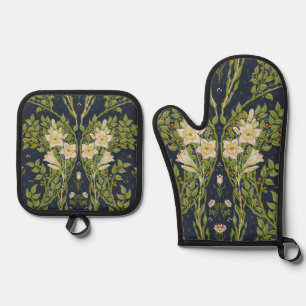 Walter Crane Vintage Navy White Lily Pattern Oven Mitt & Pot Holder Set