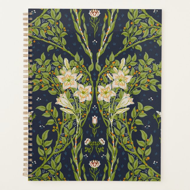 Walter Crane Vintage Navy White Lily Pattern Planner (Front)