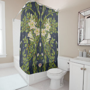 Walter Crane Vintage Navy White Lily Pattern Shower Curtain
