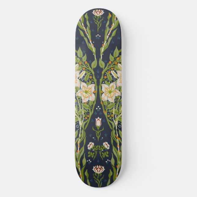 Walter Crane Vintage Navy White Lily Pattern Skateboard (Front)