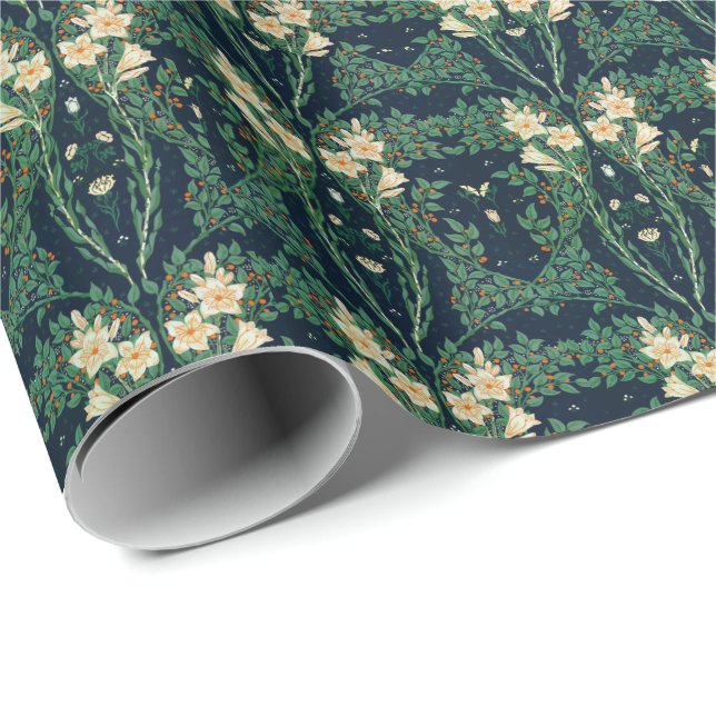 Walter Crane White Lily-Blue Back Botanical Wrapping Paper (Roll Corner)