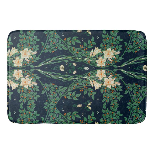 Walter Crane White Lily-Blue Back Shower Curtain Bath Mat (Front)