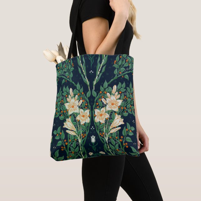 Walter Crane White Lily-Blue Back Tote Bag (Close Up)