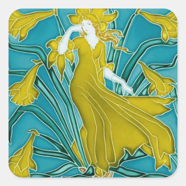 Walter Crane Yellow Daffodil Art Nouveau Tile Square Sticker (Front)