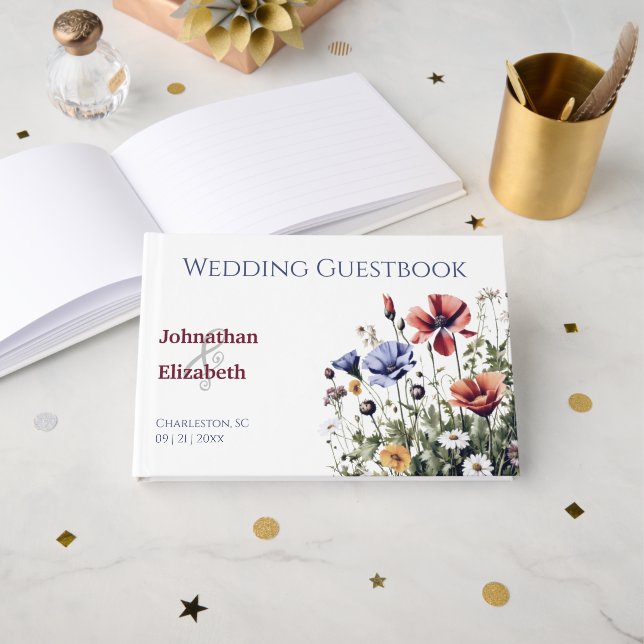 Waltercolor Wildflowers Wedding Guest Book (Front Open)