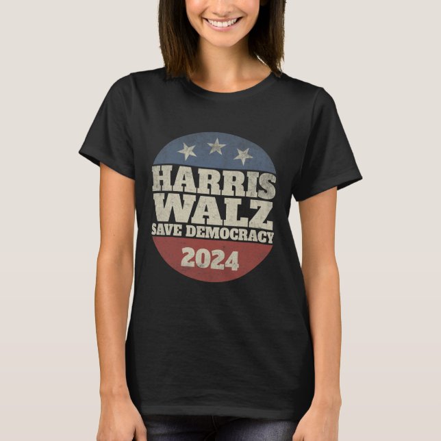Waltz 2024 Save Democracy Shirt Retro Button Elect (Front)