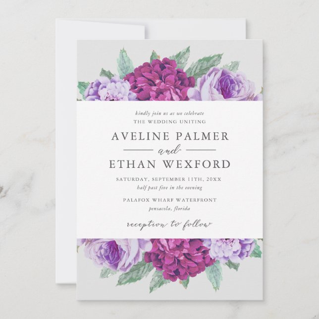 Waltzing Aveline Purple Watercolor Floral Wedding Invitation (Front)