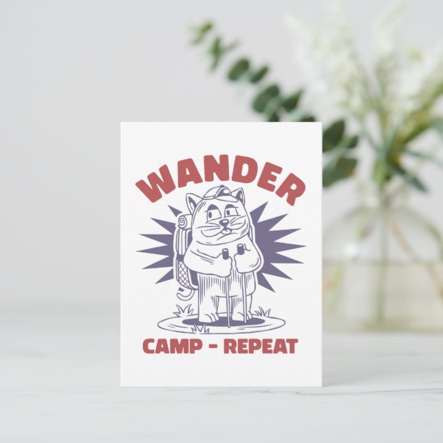 Wander Camp Repeat – Vintage Cat Camper Postcard (Standing Front)
