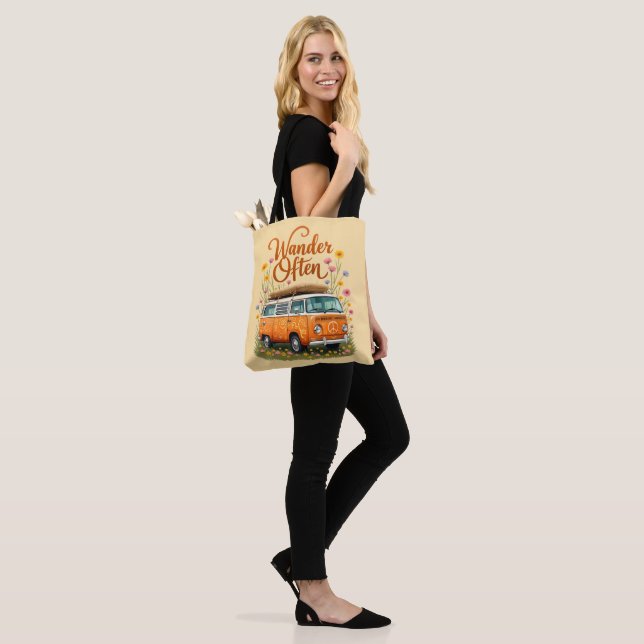  Wander Often – Retro Camper Van Floral Tote Bag (On Model)