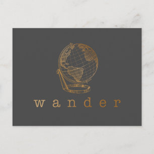 Wander Travel Quote and Globe in Black and Gold   Postcard