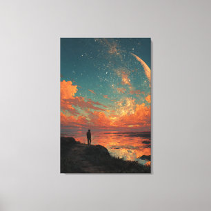 Wanderer Under Giant Crescent Moon Canvas Print