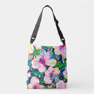 Wanderer Watercolor Floral Pink and Blue Crossbody Bag