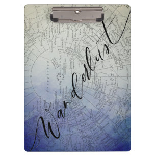 Wanderlust Blue Ombre Watercolor Vintage World Map Clipboard