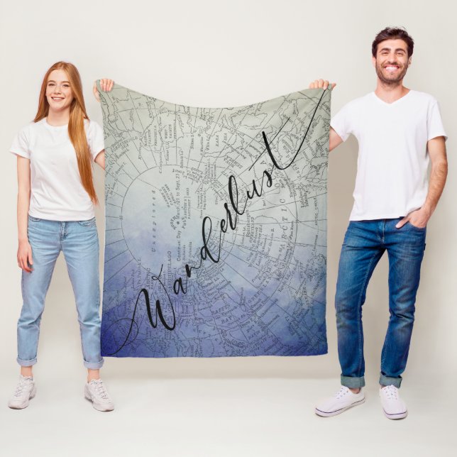 Wanderlust Blue Ombre Watercolor Vintage World Map Fleece Blanket (In Situ)