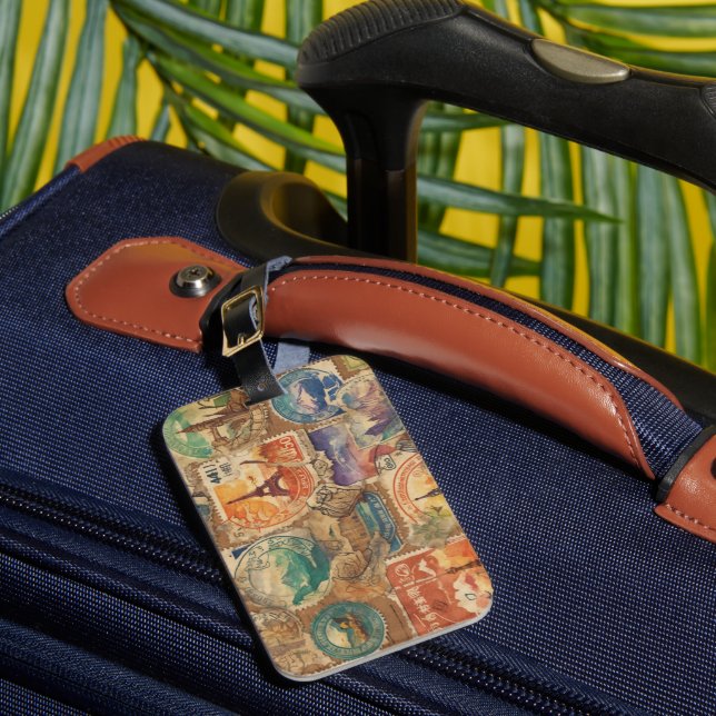 Wanderlust Chronicles: Vintage-Style Travel Stamps Luggage Tag (Front Insitu 1)