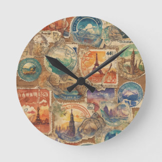 Wanderlust Chronicles: Vintage-Style Travel Stamps Round Clock