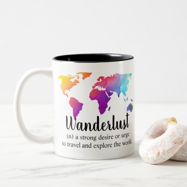 Wanderlust/Colourful World Map design for Two-Tone Coffee Mug (With Donut)