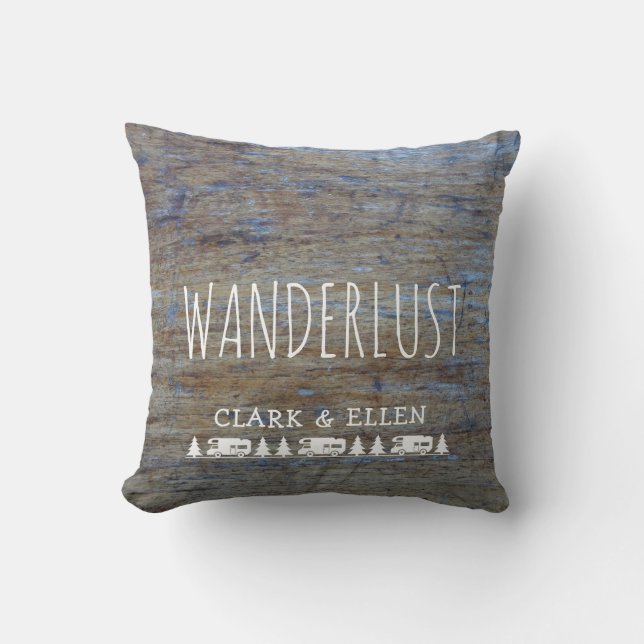 Wanderlust Custom Name | Rustic Wood RV Camper Cushion (Front)