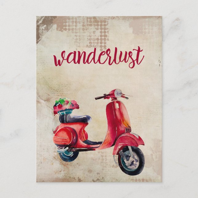 Wanderlust - Cute Red Watercolor Moped Postcard (Front)