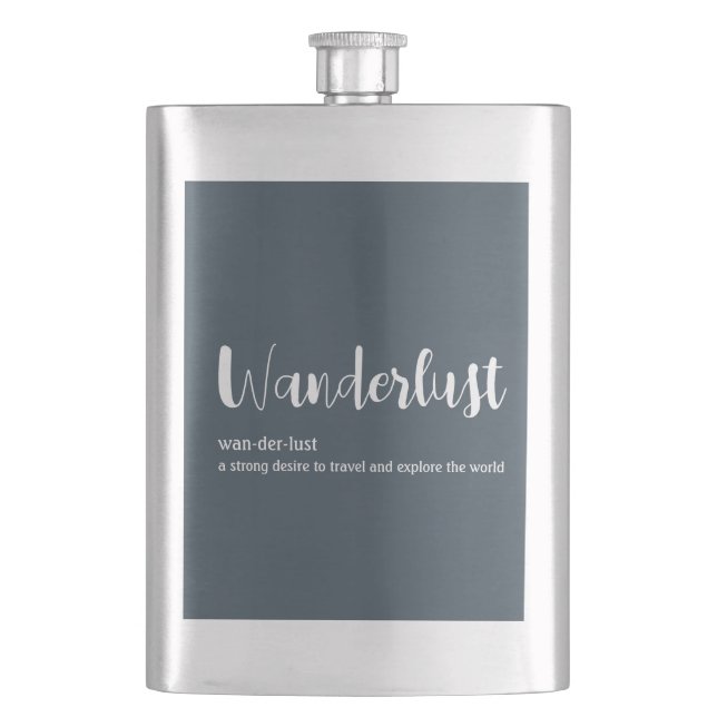 Wanderlust definition white grey blue colour hip flask (Front)