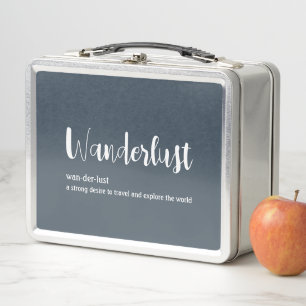 Wanderlust definition white grey blue colour metal lunch box