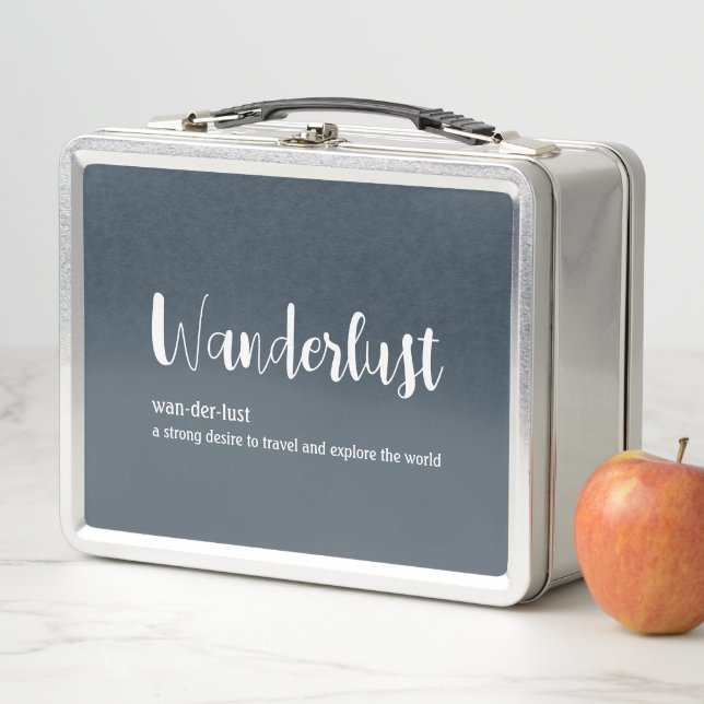 Wanderlust definition white grey blue colour metal lunch box (In Situ)