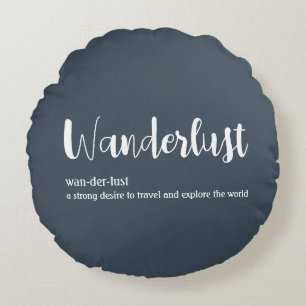 Wanderlust definition white grey blue colour round cushion