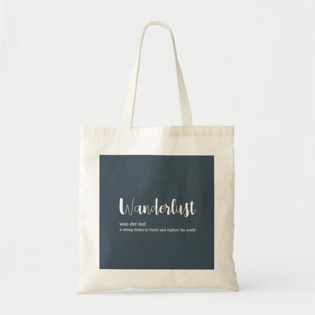 Wanderlust definition white grey blue colour tote bag (Front)