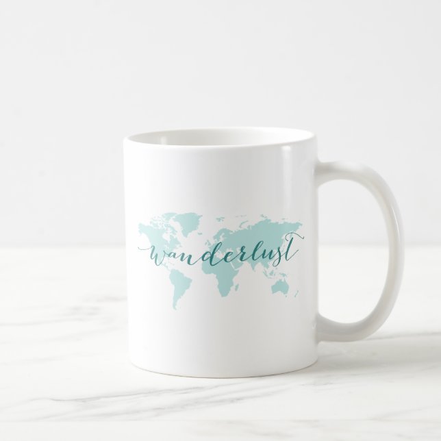 Wanderlust, desire to travel, teal world map coffee mug (Right)