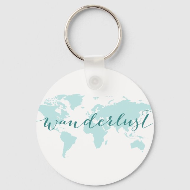Wanderlust, desire to travel, teal world map key ring (Front)