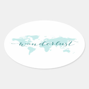 Wanderlust, desire to travel, teal world map oval sticker
