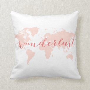 Wanderlust, desire to travel, world map cushion