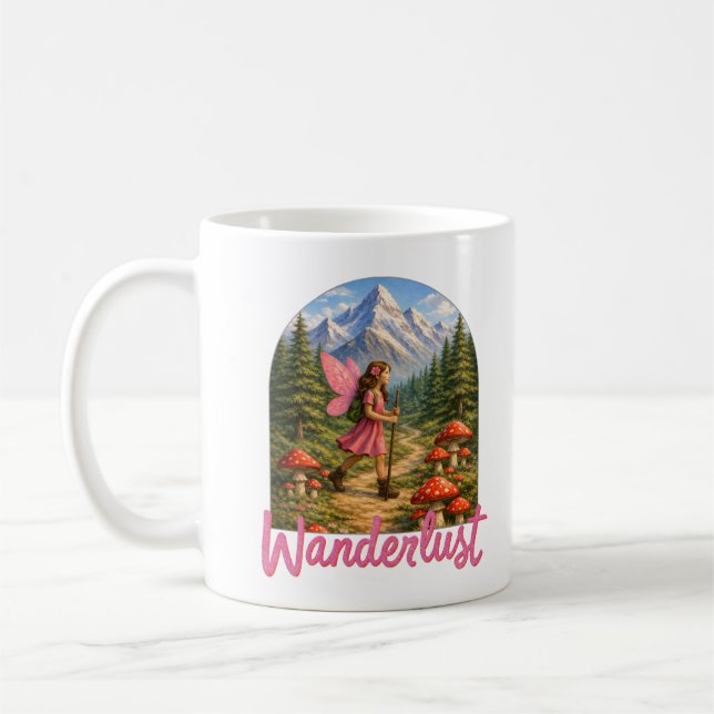 Wanderlust Mountain Fairy Hiker Fairycore Mushroom Coffee Mug (Left)