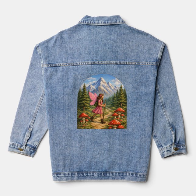 Wanderlust Mountain Fairy Hiker Fairycore Mushroom Denim Jacket (Back)