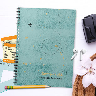 Wanderlust Name Aeroplane Green Blue Gold Travel Notebook