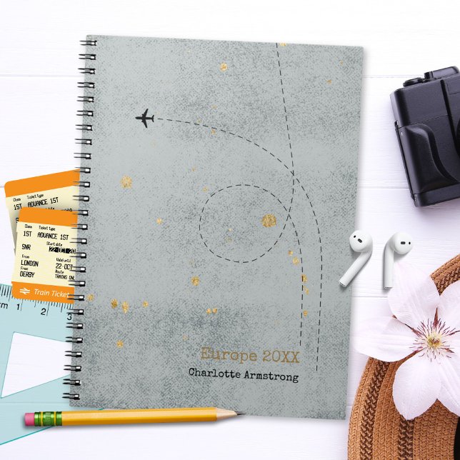 Wanderlust Name Aeroplane Light Grey Gold Travel Notebook (Wanderlust Name Airplane Light Gray Gold Travel Notebook ©Susanne Sachers - Sunny Wanderlust 🌞✈️)
