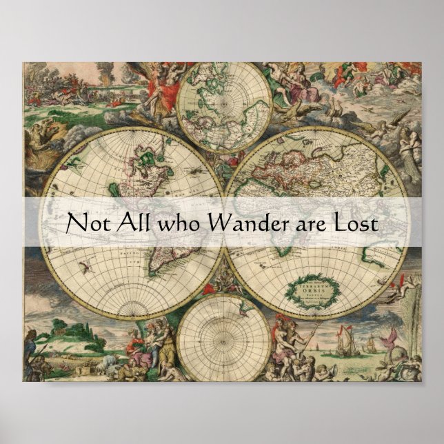 Wanderlust Quote Not All Who Wander Antique Map Poster (Front)
