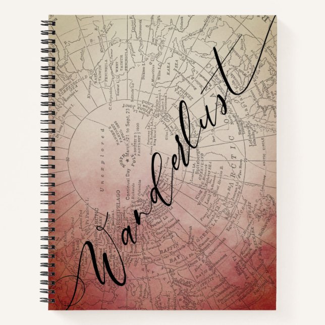 Wanderlust Red Ombre Watercolor Vintage Travel Map Notebook (Front)