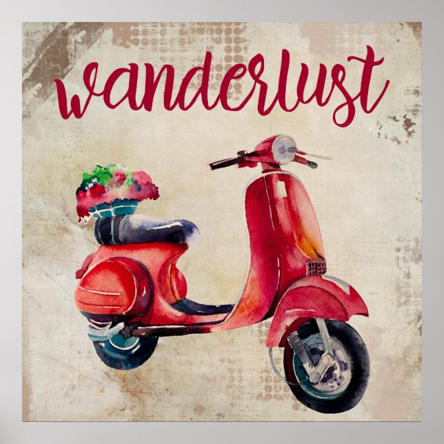 Wanderlust - Red Watercolor Moped Poster (Front)