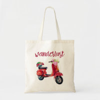 Wanderlust - Red Watercolor Moped With Flowers