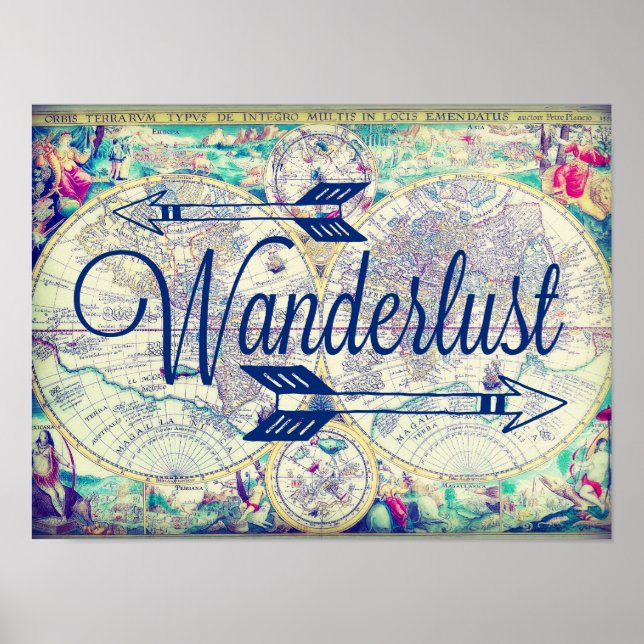 Wanderlust Vintage Map Travel Poster Wall Art (Front)