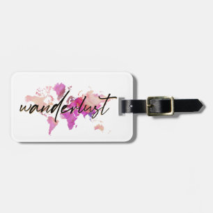 Wanderlust Watercolor World Map Travel Pink Gold Luggage Tag