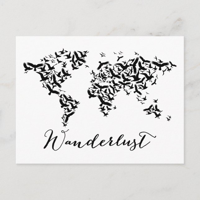 Wanderlust, world map with flying birds postcard (Front)