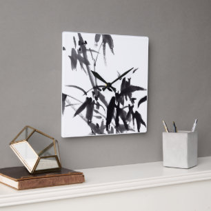 Wanduhr mit Bambus-Tuschekunst Square Wall Clock