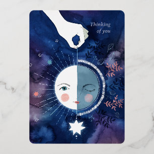 Waning Half Moon Thinking of You Silver Foil Holiday Card